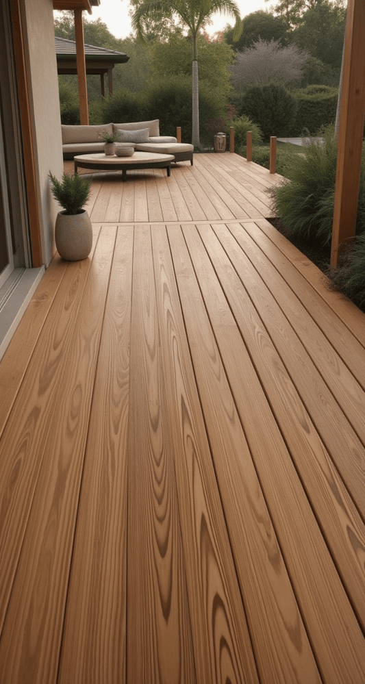 Waterproof thermally modified solid wood decking made from 100-year-old Antique Heart Pine.